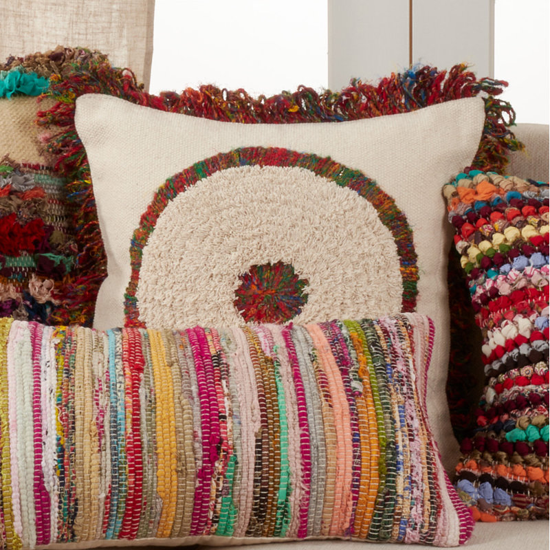 Boho Multicolor Cotton Square Pillow with Fringe, 20"