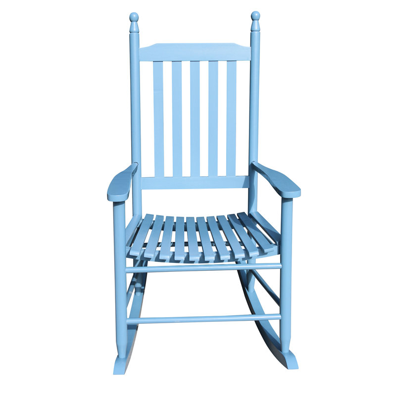 Blue Wooden Porch Chair Rocker - Solid Hardwood Build For Strong Durability Comfortable Wide Seat And Armrest Firm Slatted Back Rest Easy Assembly Included 250Lbs Weight Capacity Suitable Balcony