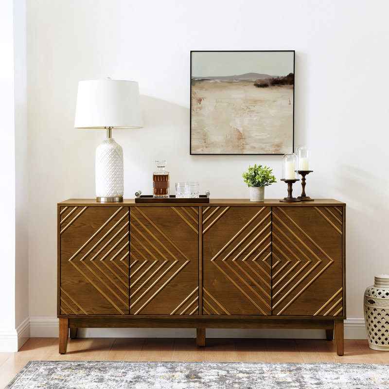 Buffet de 60,5 po avec rangement, buffet de style maison de campagne avec motif géométrique, meuble télé de style Mid-Century
