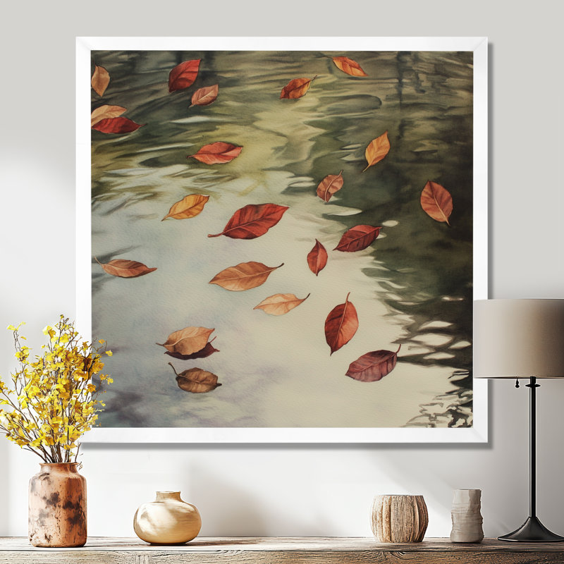 Feuilles rouges et vertes flottant sur l'eau calme I - Tableau encadré, H 30 po x l 30 po, Cadre photo blanc