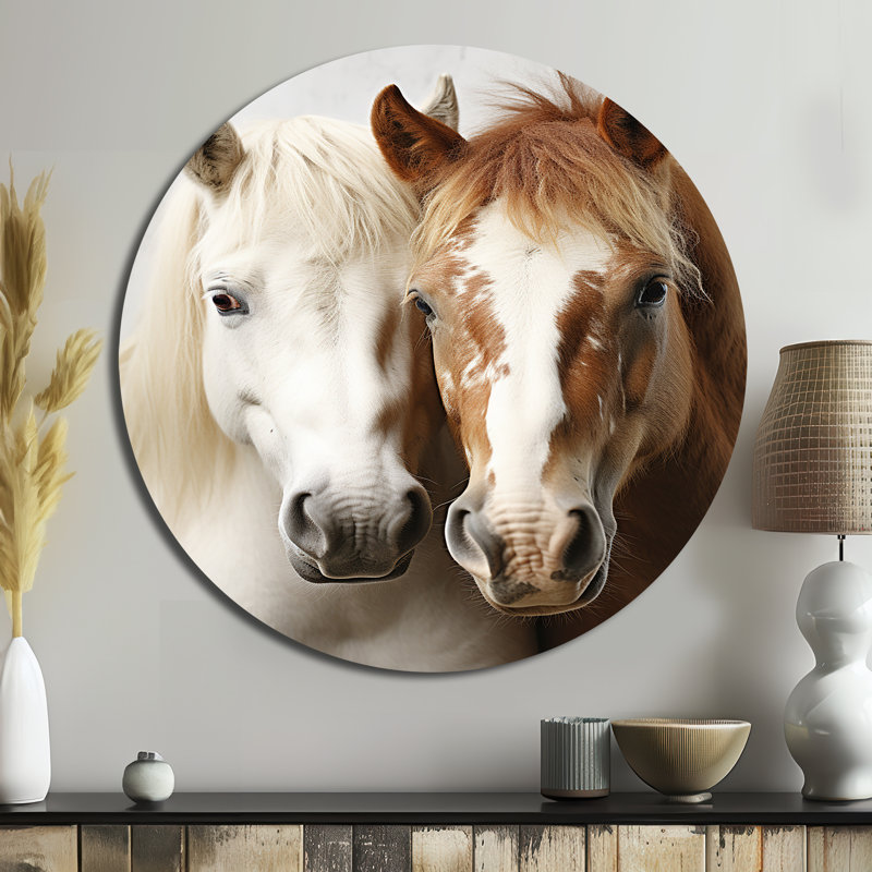 Oleary - Cheval blanc et brun, duo dynamique V - animaux, art en métal rond, H 29 po x l 29 po