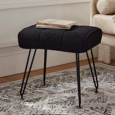 17" Modern Teddy Fleece Vanity Stool with Tufted Plush Soft Cushion, Black Metal Legs