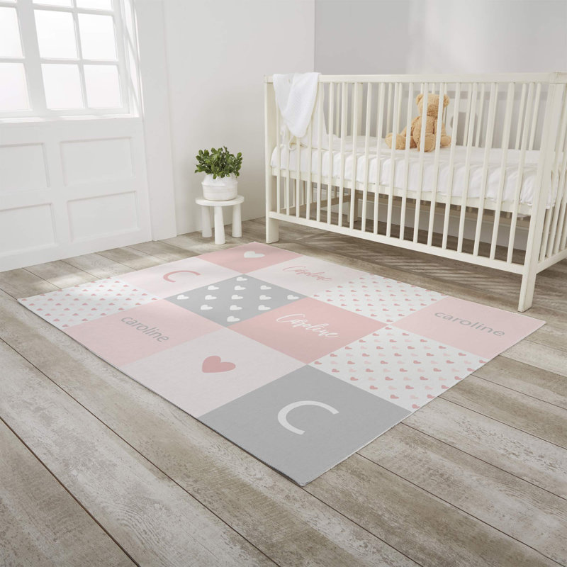 Tapis tissé à la main à carreaux rose / gris / blanc, Rectangle 4 pi x 5 pi