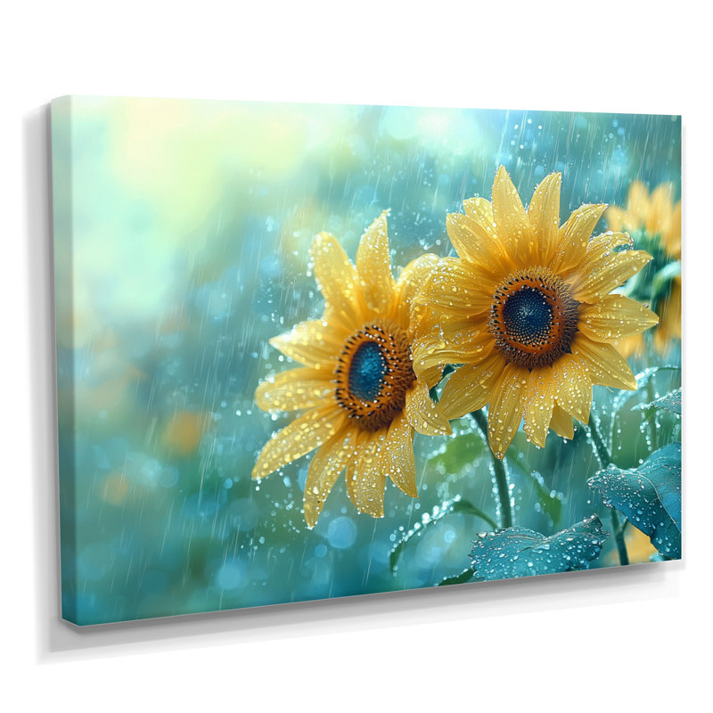«Driana Rain Washed Sunflowers I» - art mural tournesols, H 30 po x l 40 po, Toile tendue, Ne pas appliquer