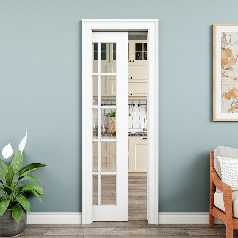 Porte coulissante escamotable 24 x 96 avec fermeture amortie, 10 carreaux de verre clair, âme pleine, peignable et imperméable, utilisable comme porte de buanderie, porte de placard, porte de chambre ou porte cachée.