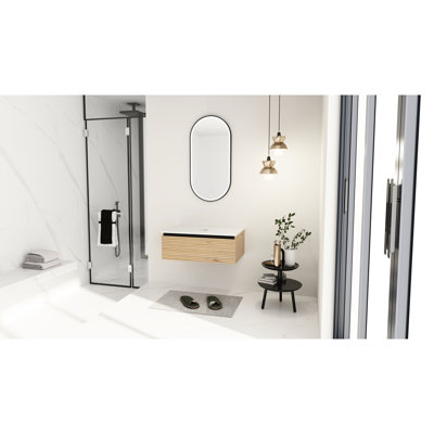 Meuble-lavabo de 30 po avec 1 tiroir à fermeture en douceur, mobilier moderne, couleur café, contreplaqué, rayures de l'année d'été, style flottant, facile à entretenir avec un design contemporain