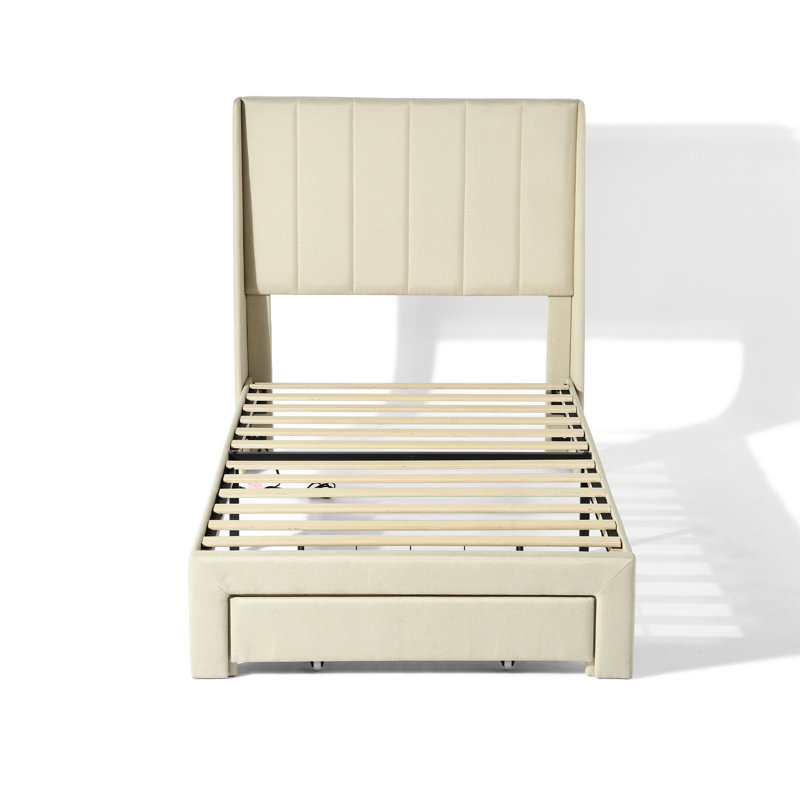 Structure de lit rembourrée avec tiroirs de rangement et port USB Type-C pour chambres d'adolescent, Beige, Lit simple