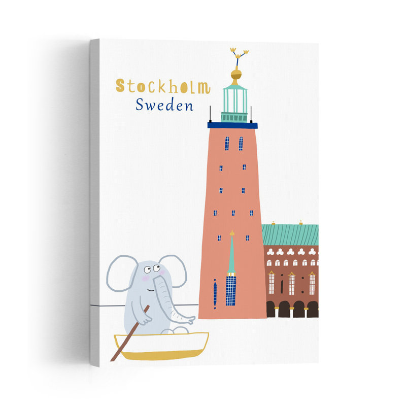 Hôtel de ville de Stockholm, art mural moderne représentant un éléphant et une architecture urbaine, H 48 po x l 32 po