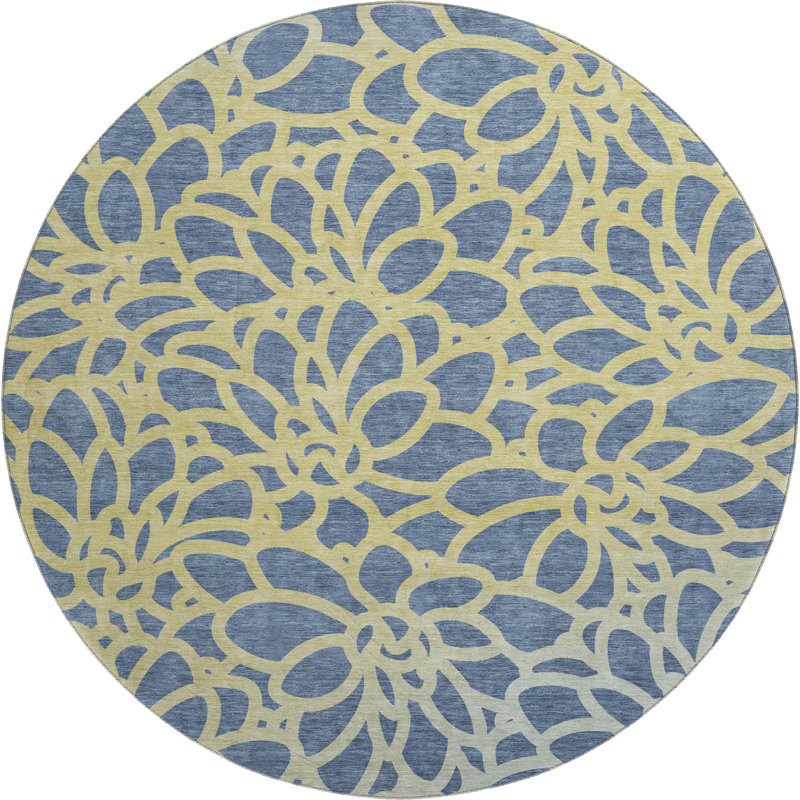 Premium Machine Washable Mayfield AMF2412 Floral Rug, Navy, 8' Round