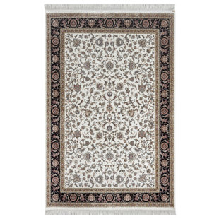 Minyatur White & Dark Blue Traditional Area Rug – Turkish Flatwoven Carpet, Low-Pile Viscose Medallion Pattern