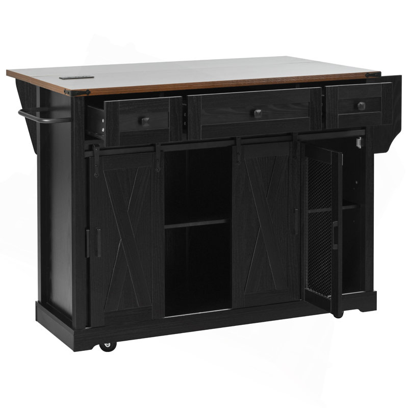 58" Farmhouse Kitchen Island With Storage, Sliding Barn Door & Metal Grid Side Door, Rolling Kitchen Island On 5 Wheels With Spice Rack, Glass Holders,Island Table With Drop Leaf For Kitchen