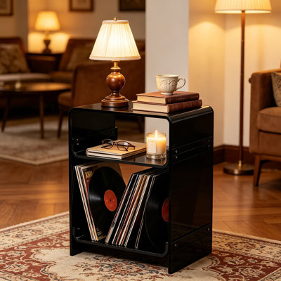 Clear Acrylic Record Player Table with Storage Shelf, Modern Side Table and Vinyl Stand for Living Room, Bedroom, or Small Spaces