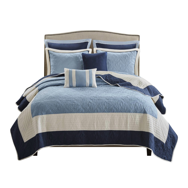 Courtepointe double / grand 7 pièces avec coussins décoratifs et taies décoratives européennes - bleu marine, motif à médaillon, bordure réversible de couleur unie, microfibre