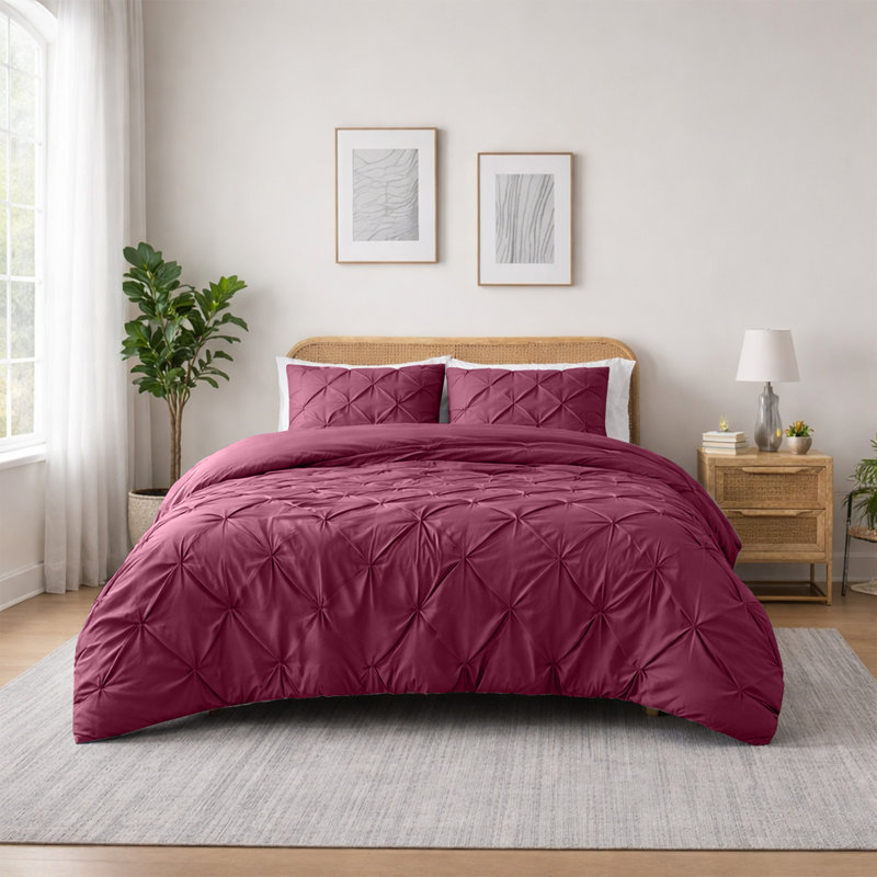 Microfiber Pintuck Duvet Cover Set – 2 Pillowcases, Burgundy, Double Duvet Cover + 2 Standard Pillowcases