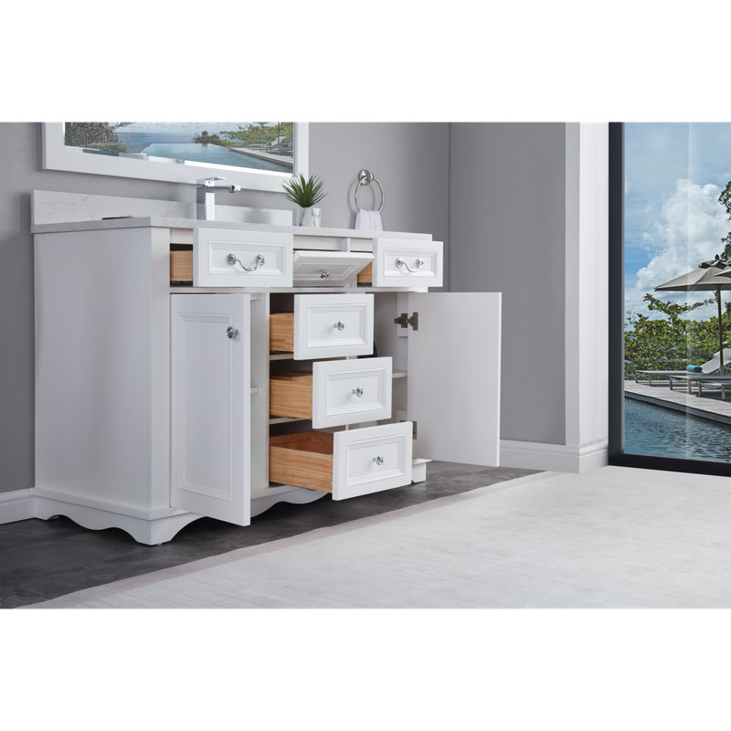 Meuble-lavabo simple 48 po en bois massif avec plateau en marbre d'ingénierie de 1 po, Blanc