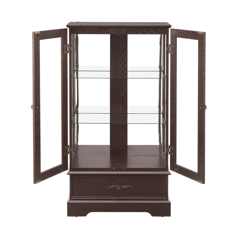 Glass Cabinet Lighted Glass Cabinet Curio Display Cabinet with Adjustable Glass Shelves 2 Doors and 1 drawer Cabinet Bulb Included