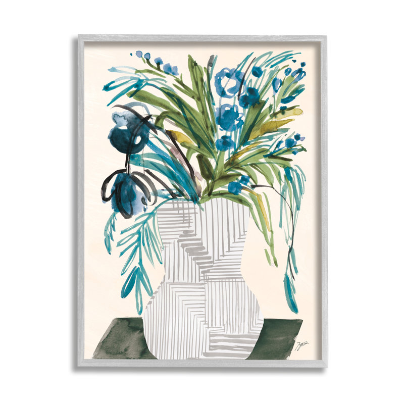 Arrangement floral abstrait moderne en cascade de fleurs bleues par - Peinture, H 30 po x l 24 po