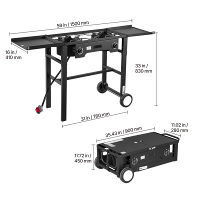 Poêle au gaz propane à 2 brûleurs pour l'extérieur, cuisinière au gaz propane au propane 150 000 BTU, cuiseur d'extérieur robuste en acier au carbone pliable, avec roues et bouclier et régulateur 20 PSI