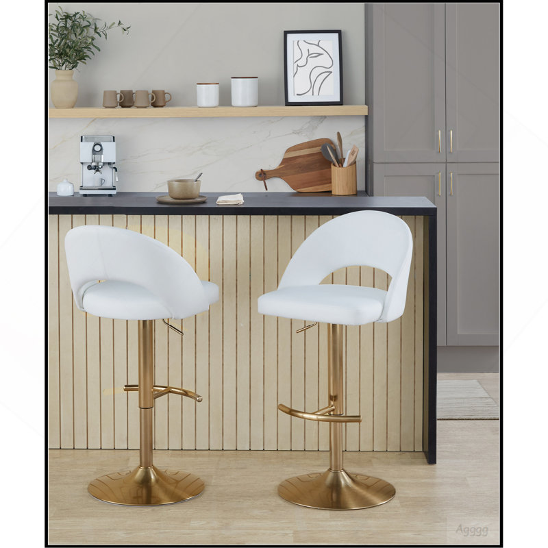 Tabouret de bar réglable avec pivot en métal doré et similicuir blanc avec repose-pieds rond en T - ensemble de 2, Blanc