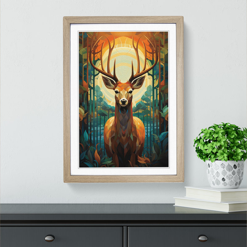 Deer Art Deco No.2 - Single Picture Frame Print on Wood, Oak, 64" H x 46" W x 2" D