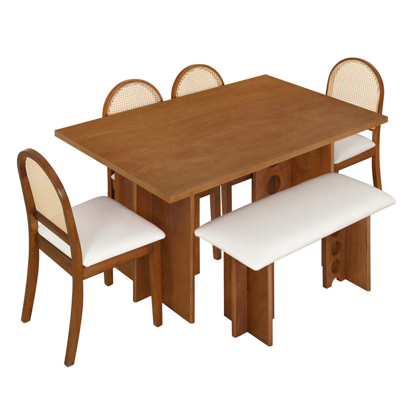 Ensemble de table de salle à manger moderne 6 pièces avec 4 chaises et banc rembourrés, Noyer, Noyer