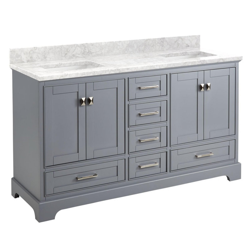 Quen 60" Freestanding Double Basin Vanity Set with Cabinet, Vanity Topss, Gray, Carrara Marble, No Faucet Holes