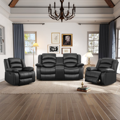 Ensemble de salon inclinable manuel en similicuir 3 pièces avec porte-gobelets cachés Cheatom