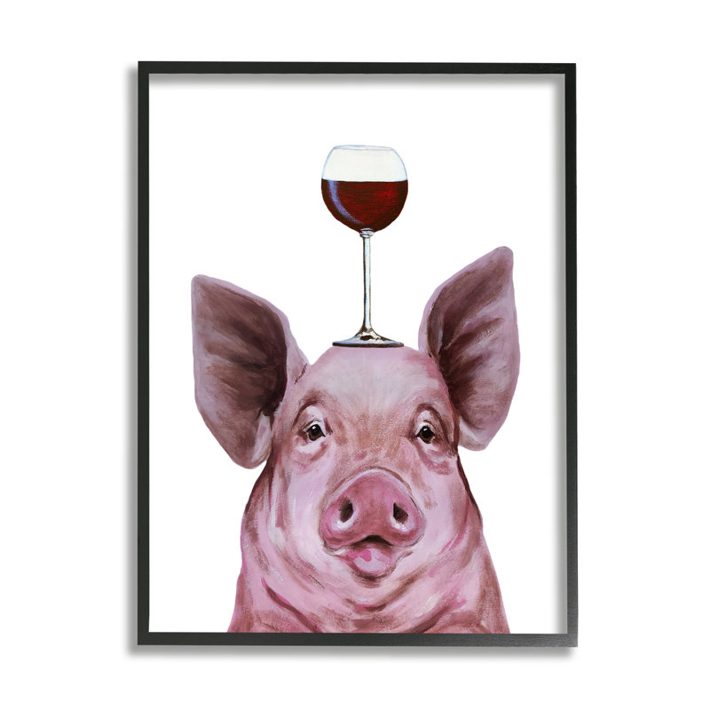 Joli cochon de ferme regardant un verre à vin par Coco De Paris - Peinture, H 20 po x l 16 po, Giclée encadrée noir minuit