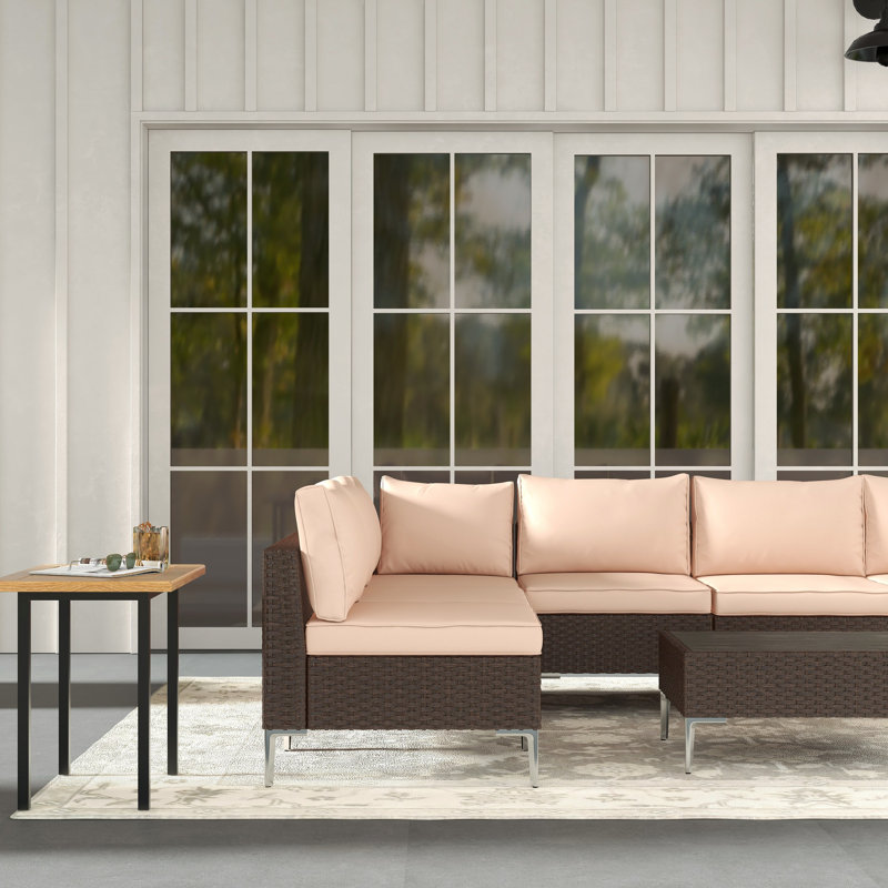 Ensemble de conversation d'extérieur en osier pour 6 personnes avec table de foyer Quadrell, Kaki, Non
