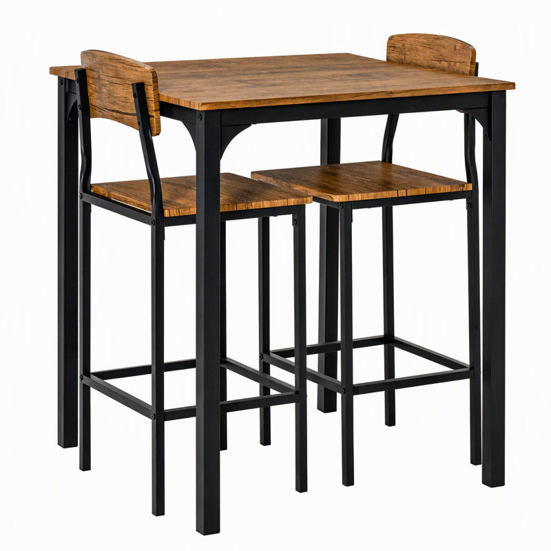 Ensemble de table de bar industrielle 3 pièces, table de salle à manger haute de 93 cm avec 2 tabourets avec dossier, table carrée gain de place pour coin repas avec pieds en métal et repose-pieds