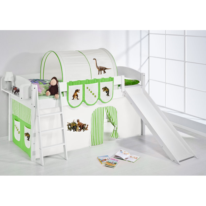 Dinos European Single (90 x 200cm) Mid Sleeper Bed with Curtain, Green/Beige