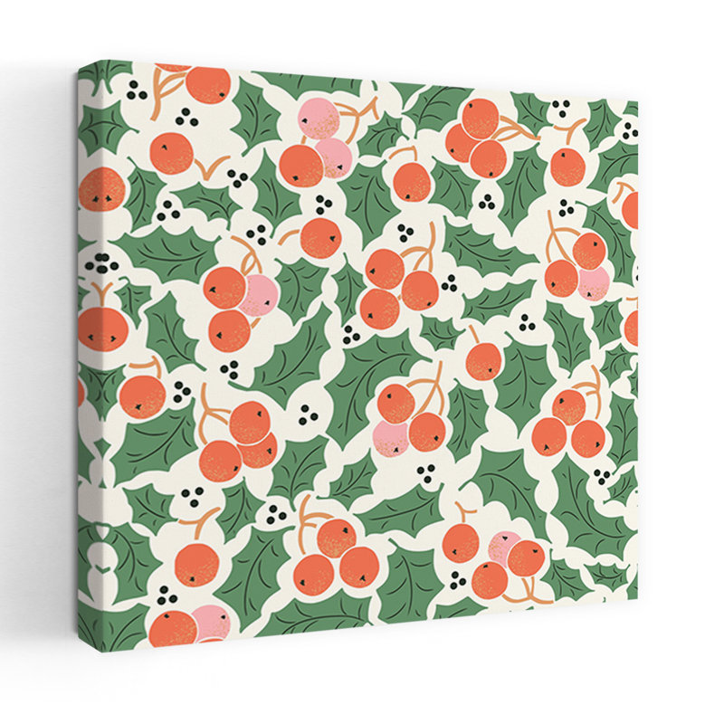 Christmas Holly Pattern Abstract Traditional Nature Winter Wall Art Print by Annick - Wrapped Canvas Print