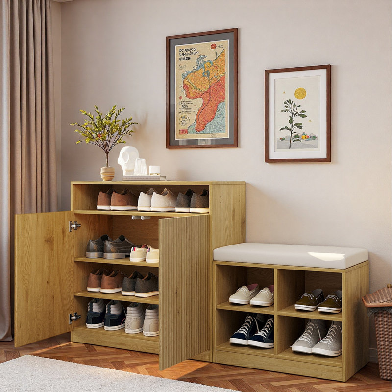 Stylish Shoe Cabine With 2 Doors, 3-tier Adjustable Shelves, Open Space, Hooks, Shoe Bench With 4 Open Shoe Racks And Removeble Cushion