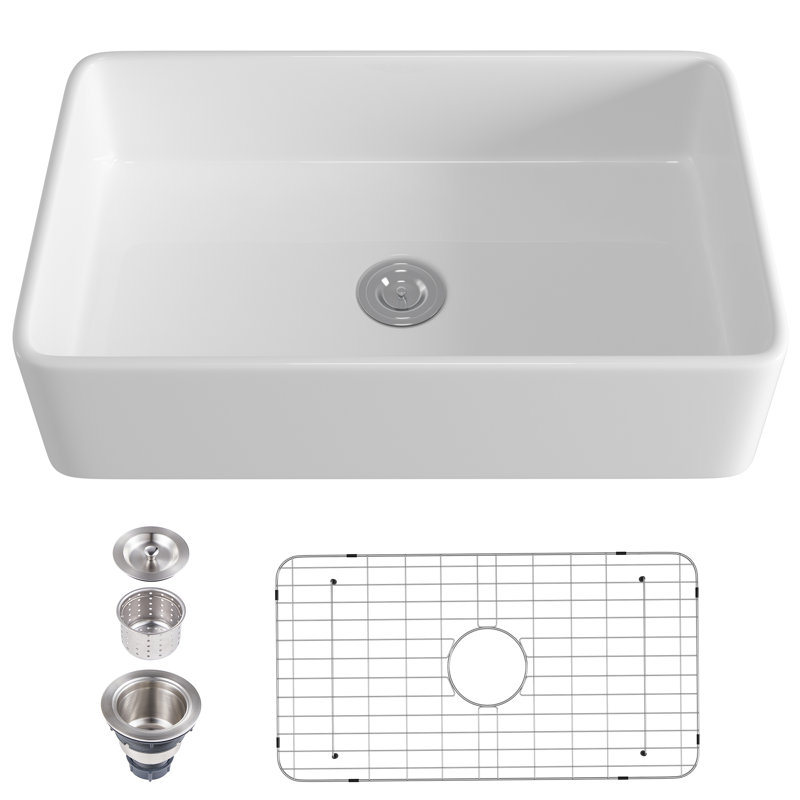 33" L x 20" W Fireclay Farmhouse Kitchen Sink with Sink Grid and Basket Strainer for Large Space, White