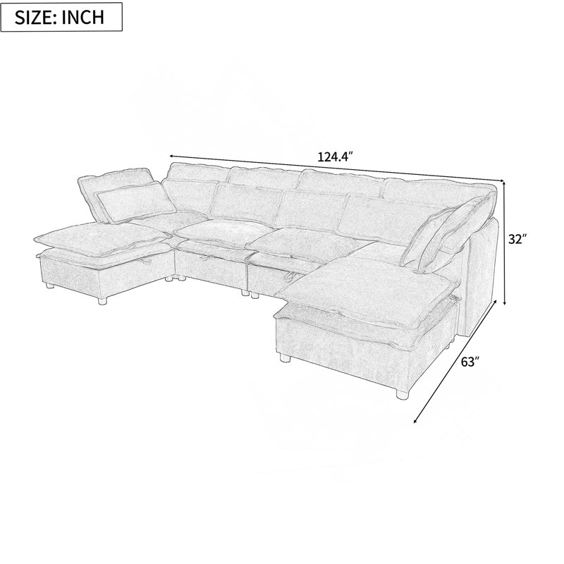 Double-Layer Cushion Modern Large U-Shaped Modular Sofa, Freely Combinable 6-Seater with Storage Function, Beige Polyester