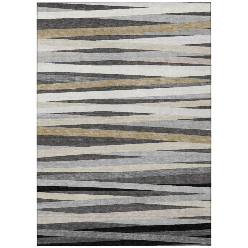 3' X 5' Gray Ivory And Beige Striped Washable Indoor Outdoor Area Rug