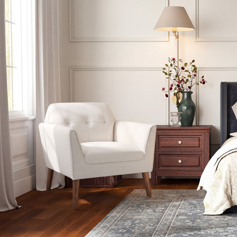 Hotaling 32.2" Wide Scandinavian Upholstered Solid Wood Arm Accent Chair, Beige