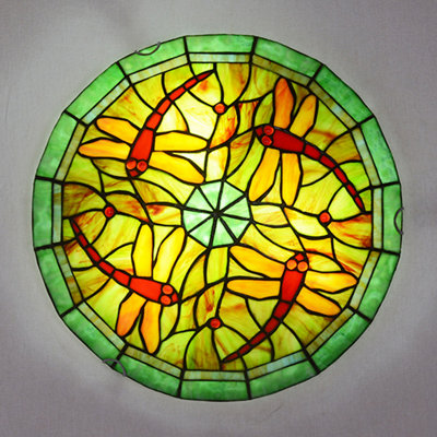 Stained Art Glass Shade Flush Mount Light In Dragonfly Pattern