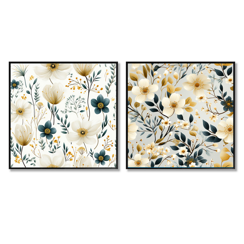Francoise - Ensemble de 2 collages carrés floraux, Cadre flottant noir, H 36 po x l 73 po