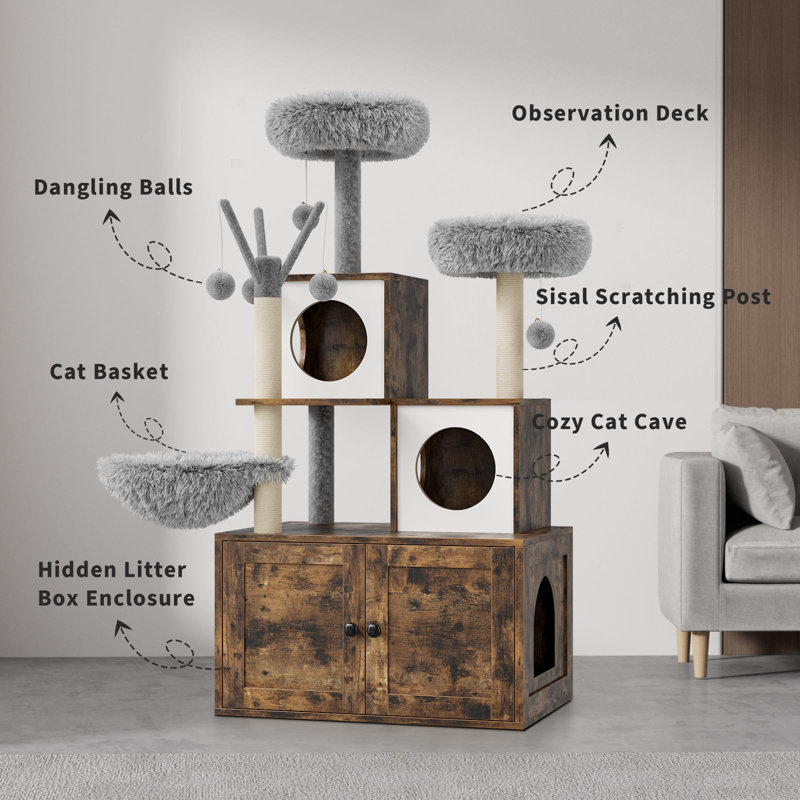 Arbre à chat de 57,5 po avec enclos à litière, condo et hamac - tour moderne 2-en-1 avec poteau à griffes, perchoir et rangement