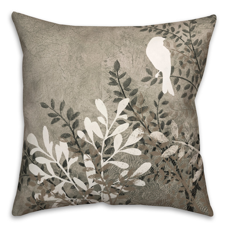  Bird on Branch Outdoor Square Pillow Cover & Insert, Gray