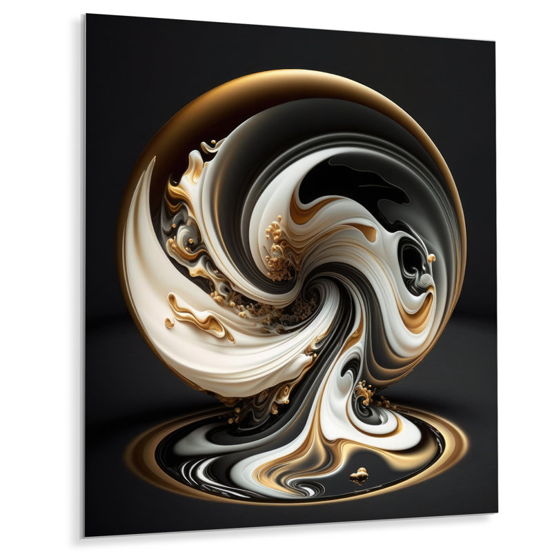 Or et noir vitrail spirale V - décoration murale moderne en métal, H 32 po x l 16 po x P 1 po