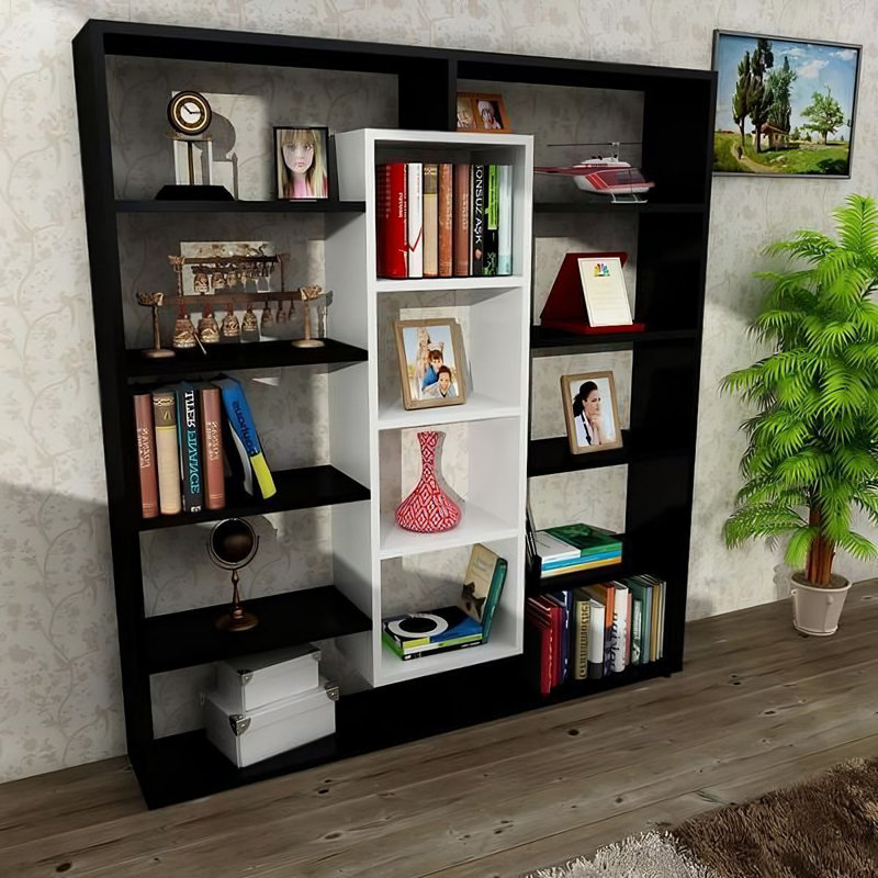135.7cm H x 125cm W Library Bookcase, Black White