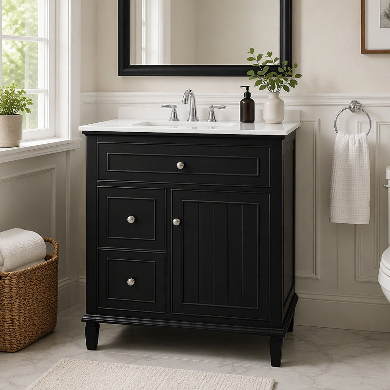 Meuble-lavabo 30 po avec lavabo, meuble-lavabo avec un tiroir rabattable et deux tiroirs, tablette réglable, bois massif et panneau de fibres à densité moyenne