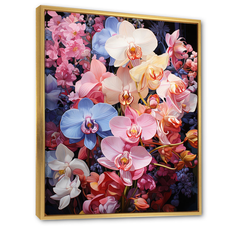 Orchidées roses et blanches sur fond blanc, H 20 po x l 12 po x P 1 po, Cadre flottant doré