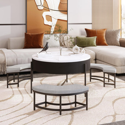 Modern Round Lift-Top Coffee Table With Storage & 3 Ottoman White & Black