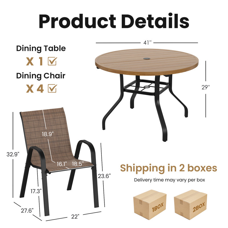 Ensemble de salle à manger d'extérieur pour 4 personnes avec table ronde et fauteuils en polyester enduit de PVC, Brun, Brun