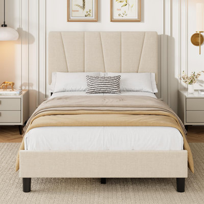 Twin Upholstered Platform Bed Frame with Adjustable Headboard, Linen Fabric, Strong Wooden Slats, No Box Spring Needed, Easy Assembly - Beige Cream