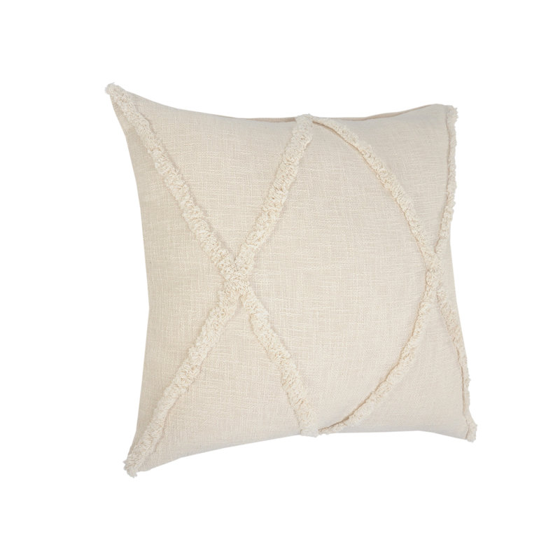  Hand-Woven Diamond Tufted 100% Cotton Euro Pillow, Natural, Polyester