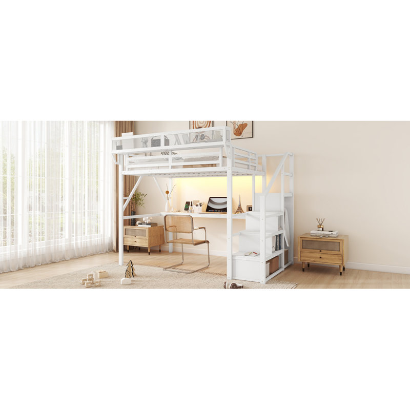 Lit mezzanine double avec bureau et station de charge, lit mezzanine double en métal avec escalier et lumière pour enfants adolescents, blanc